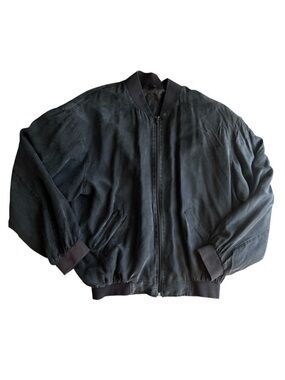 Vintage Quick Reflex 100% Silk Bomber Jacket Black Lightweight Zip Up Minimalist